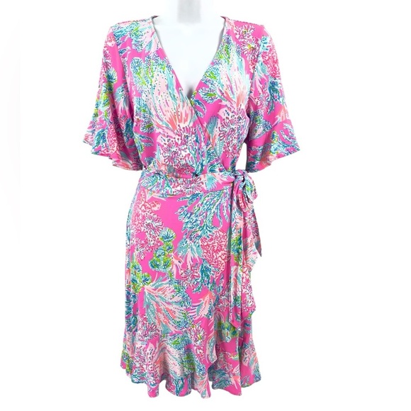 Lilly Pulitzer Isella Wrap Dress Womens Size S Prosecco Pink Seaing Things Print - Picture 2 of 13